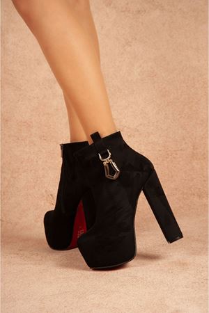 Pedro Zipper Zincirli Siyah Süet Yüksek Topuklu Bot