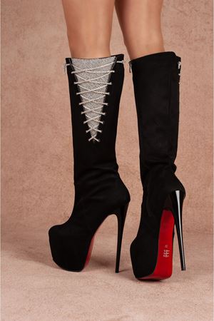 Diamond Siyah Süet Yüksek Topuklu Diz Üstü Kadın Çizme