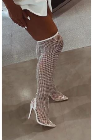 Fantastic Beyaz  File Taş Detaylı Yüksek Diz Üstü Çizme