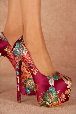 Josie Bordo Çiçekli Yüksek Kadın Topuklu Ayakkabı 19 Cm
