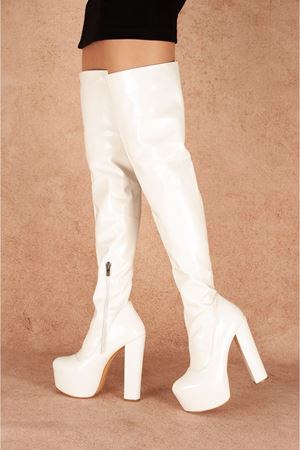 Merlin Beyaz Rugan Yüksek Topuklu Diz Üstü Kadın Çizme