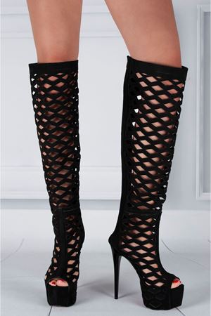 Lazers Siyah Süet İnce Topuklu Tasarım Çizme