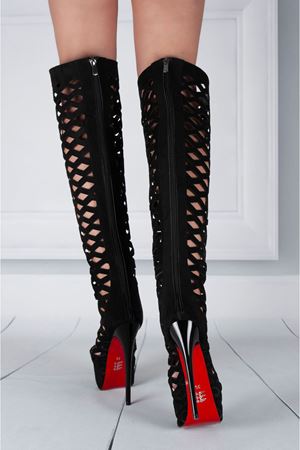 Lazers Siyah Süet İnce Topuklu Tasarım Çizme