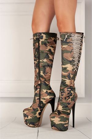 Diamond Kamuflaj Yüksek Topuklu Diz Üstü Kadın Çizme 19 Cm