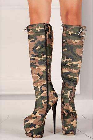 Diamond Kamuflaj Yüksek Topuklu Diz Üstü Kadın Çizme 19 Cm