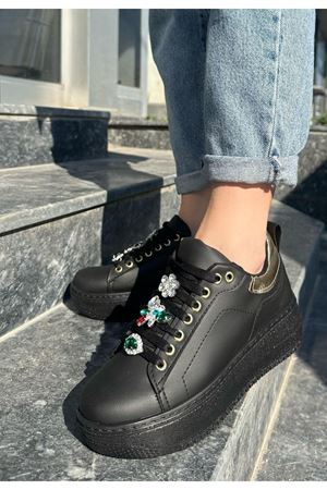 Tenya Siyah Cilt Taşlı Bağcıklı Spor Ayakkabı