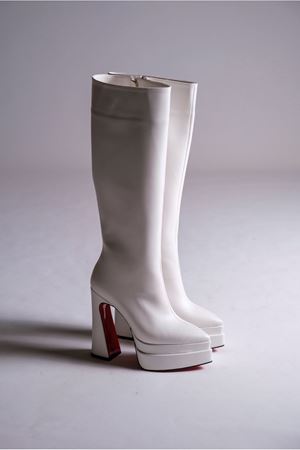 Beyaz Çift Platform Tasarım Kadın Çizme Yüksek Topuklu Ayakkabı Jolly