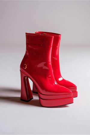 Kırmızı Rugan Çift Platform Özel Tasarım Kadın Bot Ayakkabı Mojo