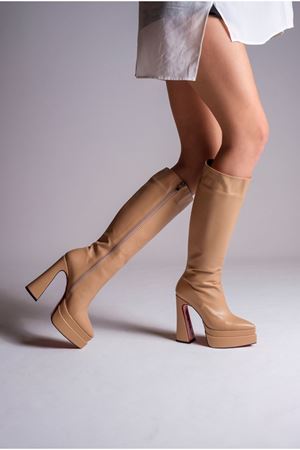 Nude Çift Platform Tasarım Kadın Çizme Yüksek Topuklu Ayakkabı Jolly