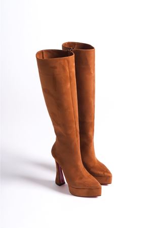 Taba Süet Platform Tasarım Kadın Çizme Yüksek Topuklu Ayakkabı Violet