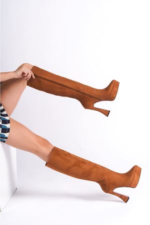 Taba Süet Platform Tasarım Kadın Çizme Yüksek Topuklu Ayakkabı Violet