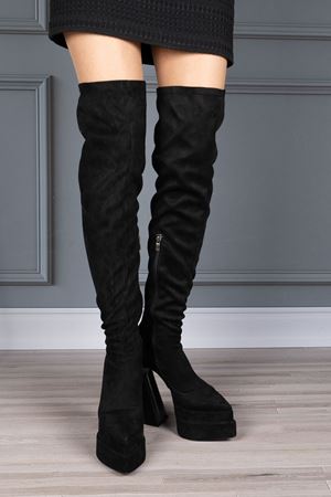 Siyah Süet Çift Platform Tasarım Kadın Çizme Yüksek Topuklu Ayakkabı Brewery