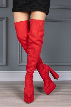 Kırmızı Çift Platform Tasarım Kadın Çizme Yüksek Topuklu Ayakkabı Brewery