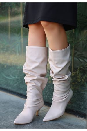 Zelya Bej Cilt Topuklu Çizme