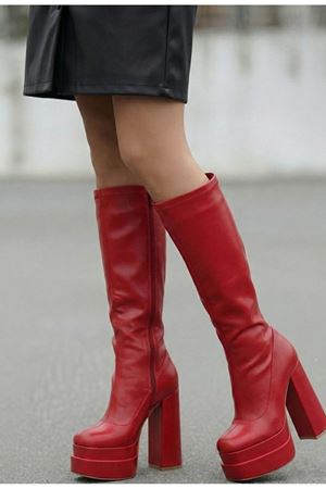 Bayonn Kırmızı Cilt Kadın Çift Platform Yüksek Topuklu Çizme