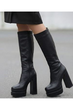 Bayonn Siyah Cilt Kadın Çift Platform Yüksek Topuklu Çizme