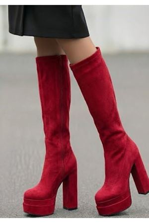 Bayonn Kırmızı Süet Kadın Çift Platform Yüksek Topuklu Çizme