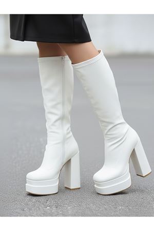 Bayon Beyaz Cilt Kadın Çift Platform Yüksek Topuklu Çizme