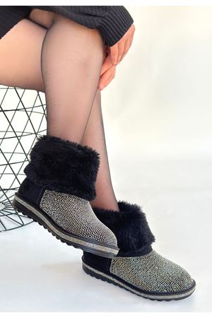 Linka Siyah Süet Gümüş Boncuk İşlemeli Bot