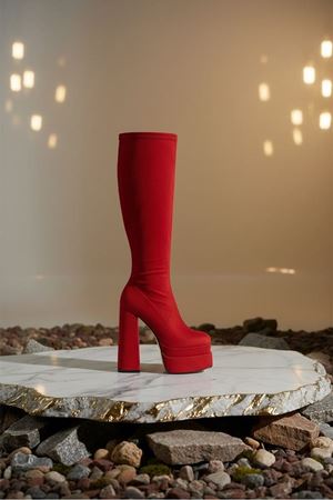 Bayonn Kırmızı Süet Kadın Çift Platform Yüksek Topuklu Çizme