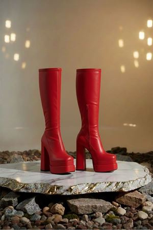 Bayonn Kırmızı Cilt Kadın Çift Platform Yüksek Topuklu Çizme