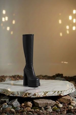 Bayonn Siyah Cilt Kadın Çift Platform Yüksek Topuklu Çizme