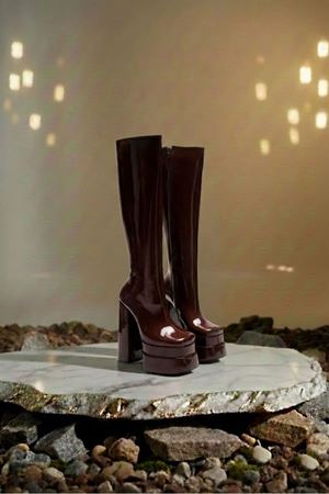 Pennyy Kahverengi Rugan Kadın Çift Platform Kalın Topuk Çizme