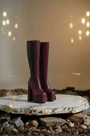 Pennyy Bordo Cilt Kadın Çift Platform Kalın Topuk Çizme