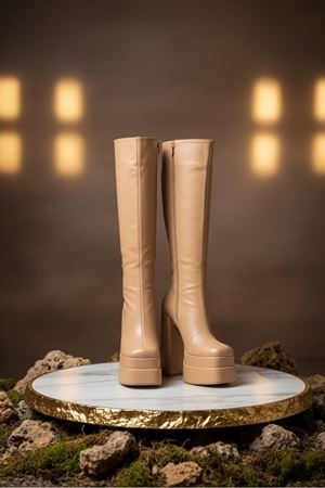 Pennyy Nude Cilt Kadın Çift Platform Kalın Topuk Çizme