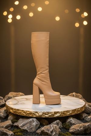 Pennyy Nude Cilt Kadın Çift Platform Kalın Topuk Çizme