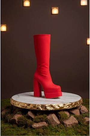 Pennyy Kırmızı Süet Kadın Çift Platform Kalın Topuk Çizme