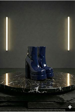 Vegaaa Lacivert Rugan Kare Burun Çift Platform Kalın Topuklu Kadın Bot