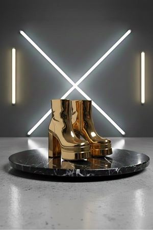 Vegaaa Gold Ayna Kare Burun Çift Platform Kalın Topuklu Kadın Bot