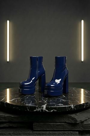 Vegaaa Lacivert Rugan Kare Burun Çift Platform Kalın Topuklu Kadın Bot