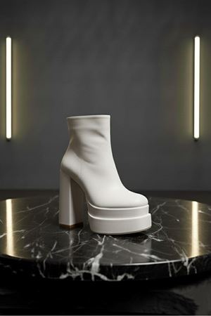 Vegaaa Beyaz Cilt Kare Burun Çift Platform Kalın Topuklu Kadın Bot