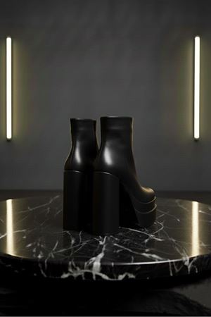 Vegaaa Siyah Cilt Kare Burun Çift Platform Kalın Topuklu Kadın Bot