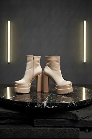 Vegaaa Ten Süet Kare Burun Çift Platform Kalın Topuklu Kadın Bot