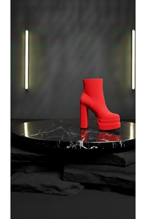 Vegaaa Kırmızı Süet Kare Burun Çift Platform Kalın Topuklu Kadın Bot