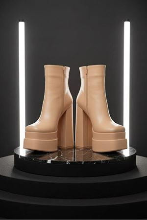 Vegaaa Nud Cilt Kare Burun Çift Platform Kalın Topuklu Kadın Bot