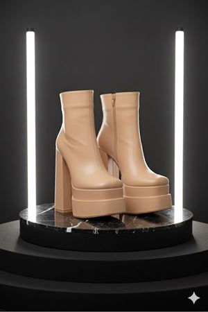 Vegaaa Nud Cilt Kare Burun Çift Platform Kalın Topuklu Kadın Bot