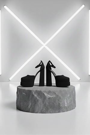 Figooo Siyah Süet Çift Platformlu Kalın Topuklu Kadın Ayakkabı / Bilekten Bağlamalı Küt Burun