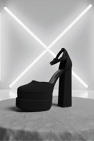 Figooo Siyah Süet Çift Platformlu Kalın Topuklu Kadın Ayakkabı / Bilekten Bağlamalı Küt Burun