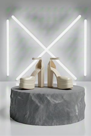 Figooo Sedef Cilt Abiye Çift Platformlu Kalın Topuklu Kadın Ayakkabı / Bilekten Bağlamalı Küt Burun