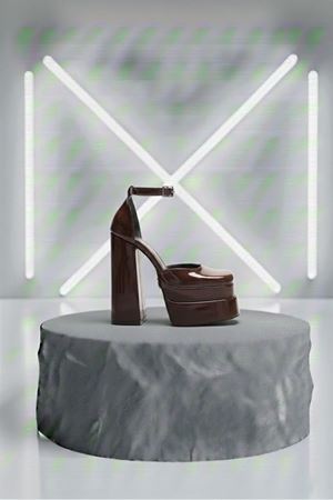 Figooo Kahve Rugan Çift Platformlu Kalın Topuklu Kadın Ayakkabı / Bilekten Bağlamalı Küt Burun