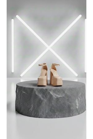 Figooo Nude Rugan Çift Platformlu Kalın Topuklu Kadın Ayakkabı / Bilekten Bağlamalı Küt Burun