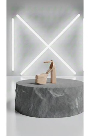 Figooo Nude Rugan Çift Platformlu Kalın Topuklu Kadın Ayakkabı / Bilekten Bağlamalı Küt Burun