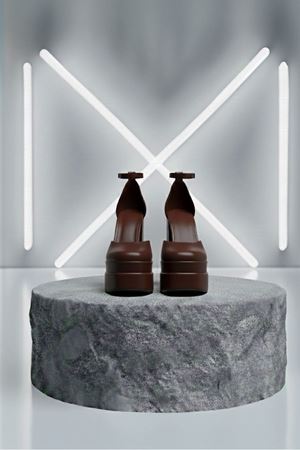 Figooo Kahve Cilt Çift Platformlu Kalın Topuklu Kadın Ayakkabı / Bilekten Bağlamalı Küt Burun