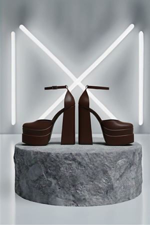 Figooo Kahve Cilt Çift Platformlu Kalın Topuklu Kadın Ayakkabı / Bilekten Bağlamalı Küt Burun