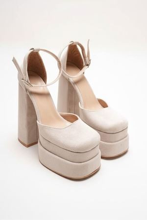 Figooo Bej Süet Çift Platformlu Kalın Topuklu Kadın Ayakkabı / Bilekten Bağlamalı Küt Burun