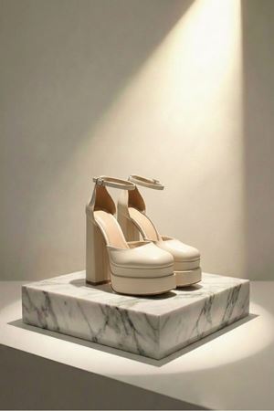 Figooo Bej Cilt Çift Platformlu Kalın Topuklu Kadın Ayakkabı / Bilekten Bağlamalı Küt Burun